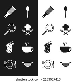 Set Chef hat and fork, Frying pan, Grater, Spoon, Sponge with bubbles, Coffee cup, Kitchen colander and Plate, knife icon. Vector