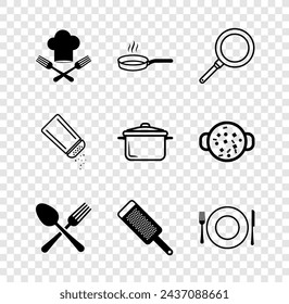 Set Chef hat and fork, Frying pan, Crossed spoon, Grater, Plate, knife, Salt pepper and Cooking pot icon. Vector