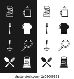 Set Chef hat, Fork, Grater, Coffee cup, Kitchen ladle, Frying pan,  and Crossed fork and spoon icon. Vector