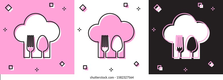 Set Chef hat with fork and spoon icon isolated on pink and white, black background. Cooking symbol. Restaurant menu. Cooks hat.  Vector Illustration