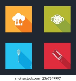 Set Chef hat with fork and spoon, Cooking soup in pot, Kitchen whisk and Salt pepper icon. Vector