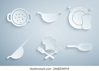 Set Sombrero y tenedor de Chef, Lavado de platos, Colador de cocina, Sartén, y Cocinar icono de olla de sopa. Vector