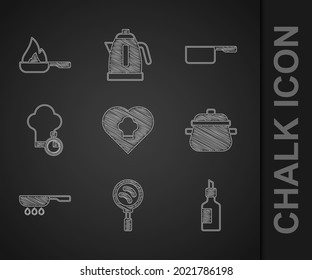 Set Chef hat, Frying pan, Bottle of olive oil, Cooking pot, Saucepan and  icon. Vector