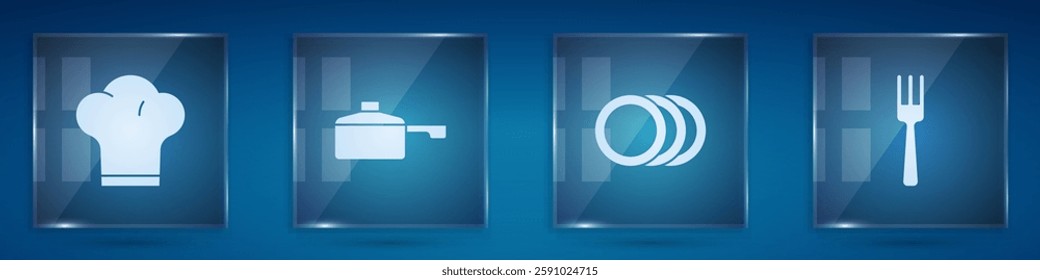 Set Chef hat, Frying pan, Plate and Fork. Square glass panels. Vector