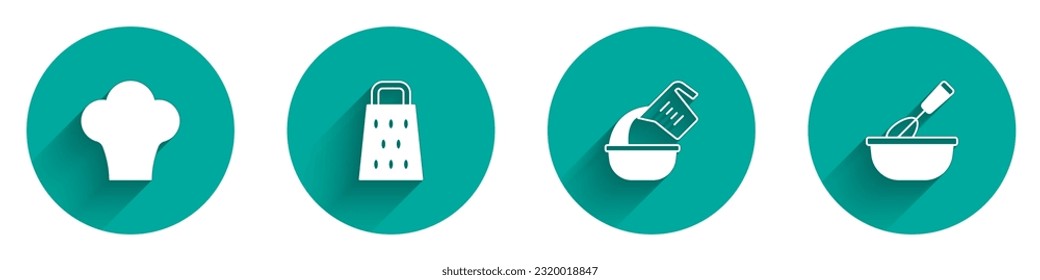 Set Chef hat, Grater, Measuring cup and bowl and Cooking whisk with icon with long shadow. Vector