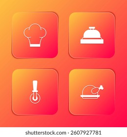 Set Chef hat, Hotel service bell, Pizza knife and Roasted turkey or chicken icon. Vector