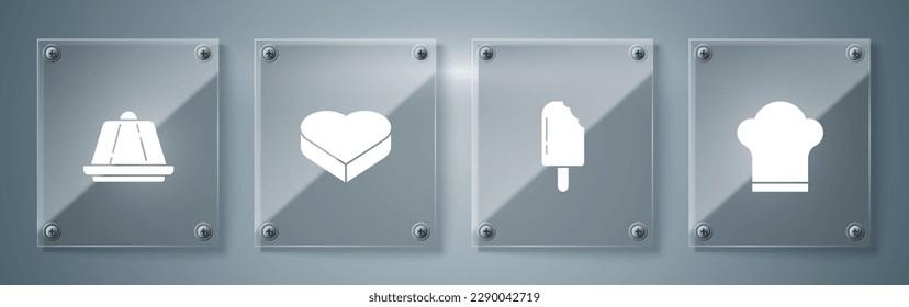 Set Chef hat, Ice cream, Candy in heart shaped box and Pudding custard. Square glass panels. Vector