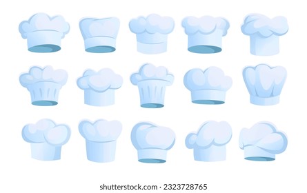 Set of chef hat icons in different shapes isolated on white background. Professional kitchen headwear vector collection. Restaurant or bakery uniform parts. Fine cuisine chef hats in cartoon style.