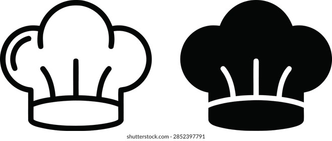 A set of chef hat icons, featuring both linear and solid design styles, perfect for culinary websites, restaurant menus, and food-related branding projects.
