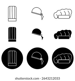 Set of chef hat icons in various styles, including traditional toque, bandana, and bakery cap. Black and white vector illustration for culinary, cooking, or kitchen design.