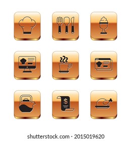 Set Chef hat, Kettle with handle, Paper or financial check, Coffee cup, Online ordering delivery, Ice cream bowl, Roasted turkey chicken and Fork, spoon knife icon. Vector
