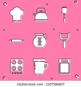 Set Chef hat, Kettle with handle, Spatula, Rolling pin, Coffee pot, Peeler, Gas stove and cup icon. Vector