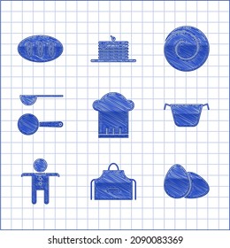 Set Chef hat, Kitchen apron, Chicken egg, Cooking pot, Holiday gingerbread man cookie, Measuring spoon, Roll bun with cinnamon and Bread loaf icon. Vector
