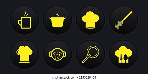 Set Chef hat, Kitchen whisk, Cooking soup in pot, Frying pan, with fork and spoon and Coffee cup icon. Vector