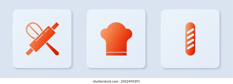 Set Chef hat, Kitchen whisk and rolling pin and French baguette bread. White square button. Vector