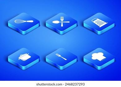Set Chef hat, Kitchen whisk, Fork, Cooking pot, Crossed fork and spoon and Grater icon. Vector