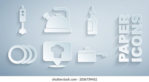 Set Chef hat with location, Bottle of olive oil, Plate, Frying pan, Kettle handle and Blender icon. Vector