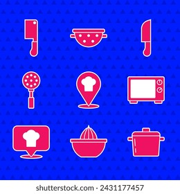 Set Chef hat with location, Citrus fruit juicer, Cooking pot, Microwave oven, Spatula, Knife and Meat chopper icon. Vector