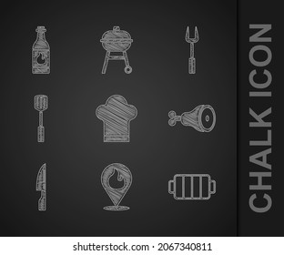 Set Chef hat, Location with fire flame, Barbecue grill, Chicken leg, knife, spatula, fork and Tabasco sauce icon. Vector