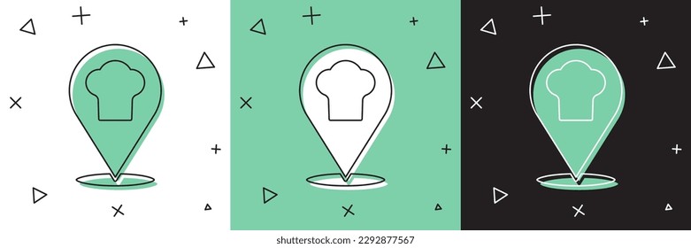 Ajuste el sombrero Chef con un icono de ubicación aislado en fondo blanco y verde, negro. Símbolo de cocina. Cocina sombrero.  Vector