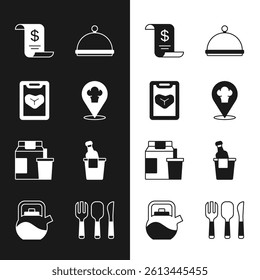 Set Chef hat with location, Restaurant cafe menu, Paper or financial check, Covered tray, Online ordering and delivery, Champagne ice bucket, Fork, spoon knife and Kettle handle icon. Vector