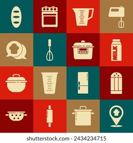 Set Chef hat with location, Salt, Paper package for milk, Measuring cup, Kitchen whisk, speech bubble, Bread loaf and Slow cooker icon. Vector