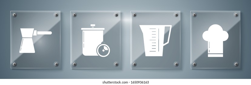 Set Chef hat , Measuring cup, Cooking pot and kitchen timer  and Coffee turk . Square glass panels. Vector