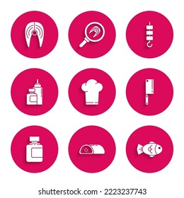 Set Chef hat, Meat, Fish, chopper, Sauce bottle, Grilled shish kebab on skewer stick and steak icon. Vector