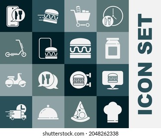 Set Chef hat, Online ordering burger delivery, and, Shopping cart food, Scooter,  and Burger icon. Vector