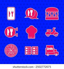 Set Chef hat, Restaurant cafe menu, Fast delivery by car, Scooter, Pizza, Cafe and restaurant location, Burger and Online ordering icon. Vector