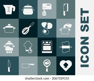 Set Chef hat, Rolling pin on dough, Cooking pot, Electric mixer, Kitchen whisk, Measuring cup and Broken egg icon. Vector