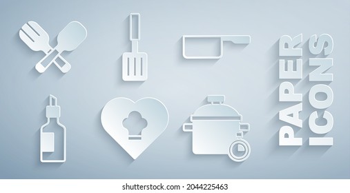 Set Chef hat, Saucepan, Bottle of olive oil, Cooking pot, Barbecue spatula and Crossed fork and spoon icon. Vector
