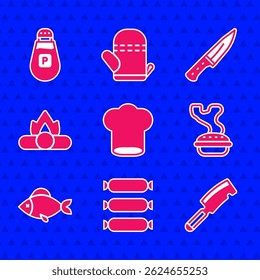 Set Chef hat, Sausage, Meat chopper, Homemade pie, Fish, Campfire,  and Pepper icon. Vector