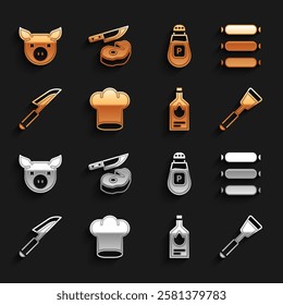 Set Chef hat, Sausage, Spatula, Tabasco sauce, Knife, Pepper, Pig and Steak meat and knife icon. Vector