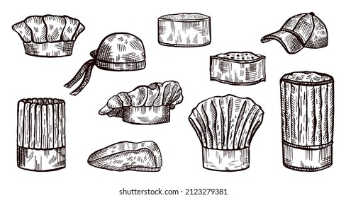 Set chef hat sketch isolated. Kitchen traditional beret, bandana, baseball for cook in hand drawn style. Engraved design for poster, print, book illustration, logo, icon. Vintage vector illustration.