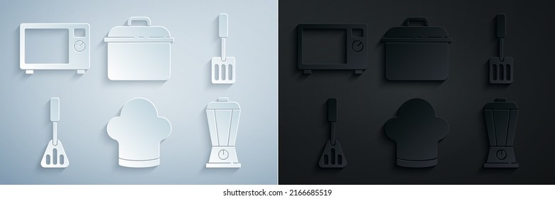 Set Chef hat, Spatula, Blender, Cooking pot and Microwave oven icon. Vector