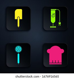 Set Chef hat , Spatula , Strainer spoon  and Blender . Black square button. Vector