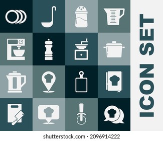 Set Chef hat in speech bubble, Cookbook, Cooking pot, Salt, Pepper, Electric mixer, Plate and Manual coffee grinder icon. Vector