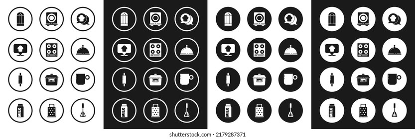Set Chef hat in speech bubble, Gas stove, with location, Salt, Covered tray of food, Electric, Coffee cup and Rolling pin icon. Vector