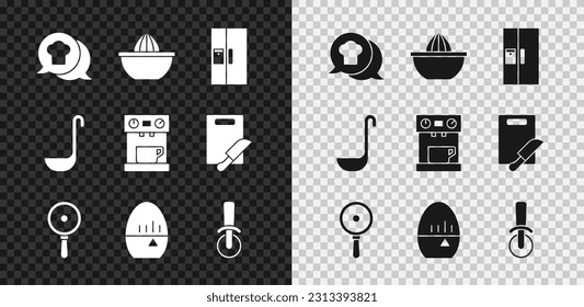 Set Chef hat in speech bubble, Citrus fruit juicer, Refrigerator, Frying pan, Kitchen timer, Pizza knife, ladle and Coffee machine icon. Vector