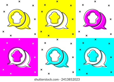 Set Chef hat in speech bubble icon isolated on color background. Cooking symbol. Cooks hat.  Vector