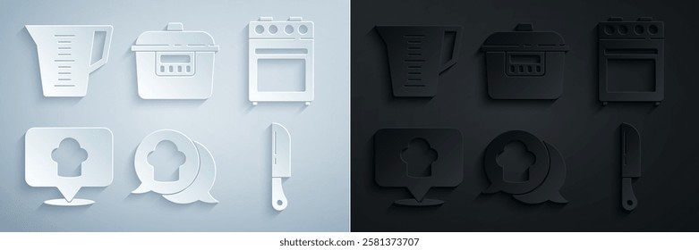 Set Chef hat in speech bubble, Oven, with location, Knife, Slow cooker and Measuring cup icon. Vector