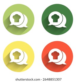 Set Chef hat in speech bubble icon isolated with long shadow background. Cooking symbol. Cooks hat. Color circle button. Vector