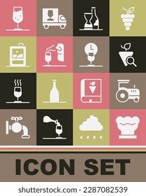 Set Chef hat, Tractor, Grapes, Bottle of wine, Sommelier, Cardboard box, Wine glass and time icon. Vector