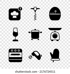 Set Chef hat, Wine corkscrew, Kitchen timer, Oven, Electric mixer, glove, glass and Cooking pot icon. Vector