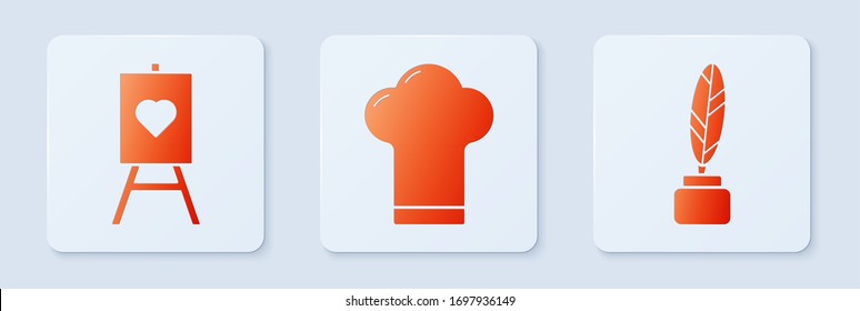Set Chef hat, Wood easel or painting art boards and Feather and inkwell. White square button. Vector