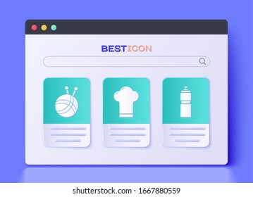 Ponga sombrero de chef, bola de yarn con agujas de punto e icono del agitador Fitness. Vector