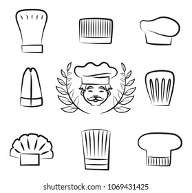 Set of chef hats with cook man dressed in white uniform headwear, draft with laurel branches, sketches of chef hats, cuisine brand logos design vector