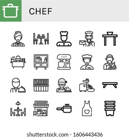 Set of chef icons. Such as Pot, Catering, Dinner table, Chef, Postwoman, Buffet, Mixer, Butcher, Waiter, Mincer, Breakfast tray, Dining table, Cafe, Cooking pot, Apron , chef icons