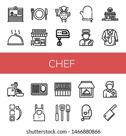 Set of chef icons such as Restaurant, Cloche, Cafe, Chef, Electric mixer, Oven mitt, Baker, Uniform, Mincer, Menu, Meal, Apron, Buffet, Kitchen tools, Waitress, Cleaver , chef